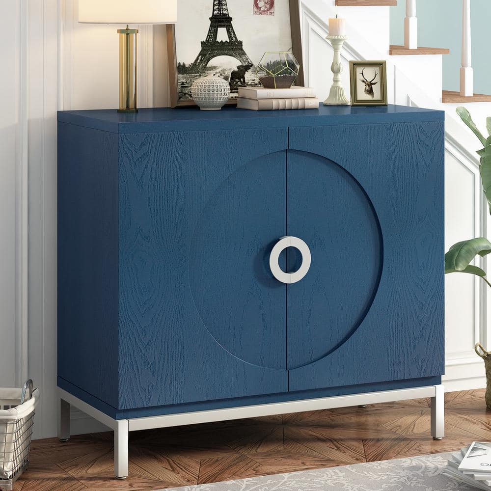 34 in. W x 15.5 in. D x 31.9 in. H in Blue MDF Assemble Upper Pantry Kitchen Cabinet Wood Veneer and Metal Leg Frame