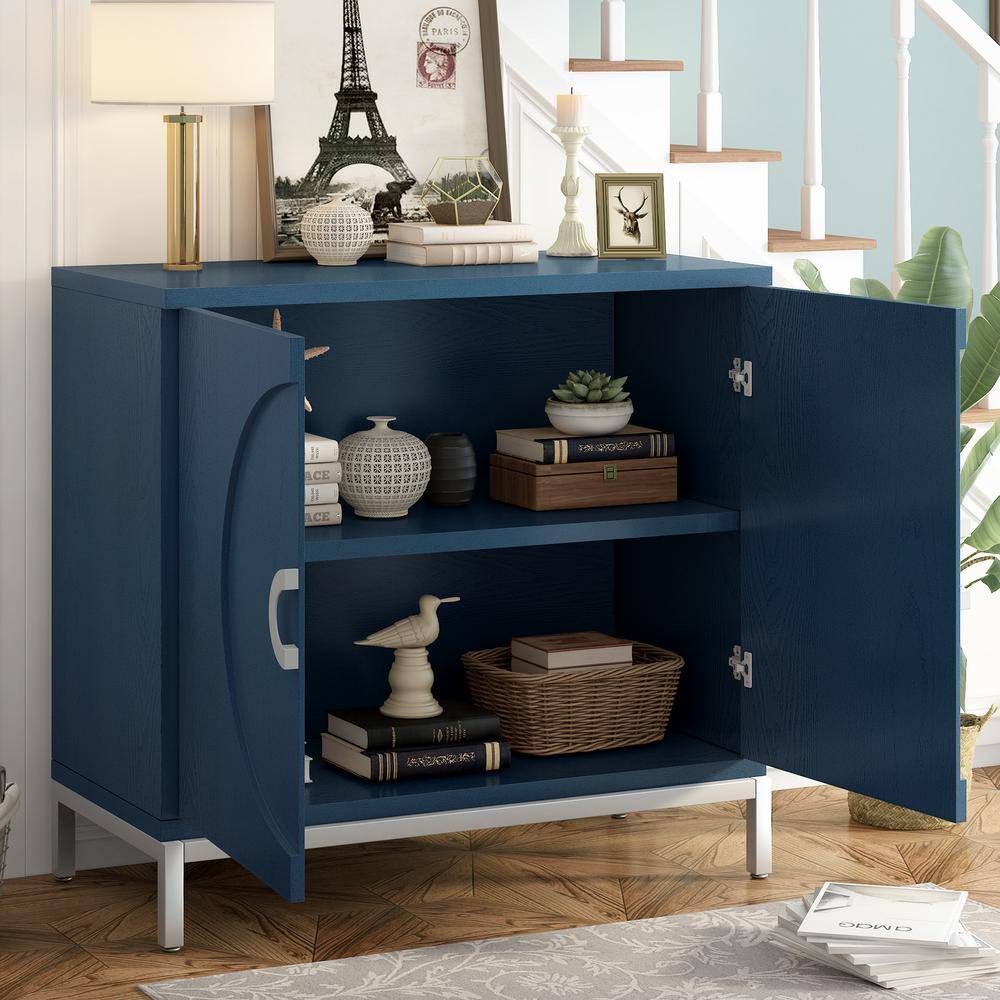 34 in. W x 15.5 in. D x 31.9 in. H in Blue MDF Assemble Upper Pantry Kitchen Cabinet Wood Veneer and Metal Leg Frame