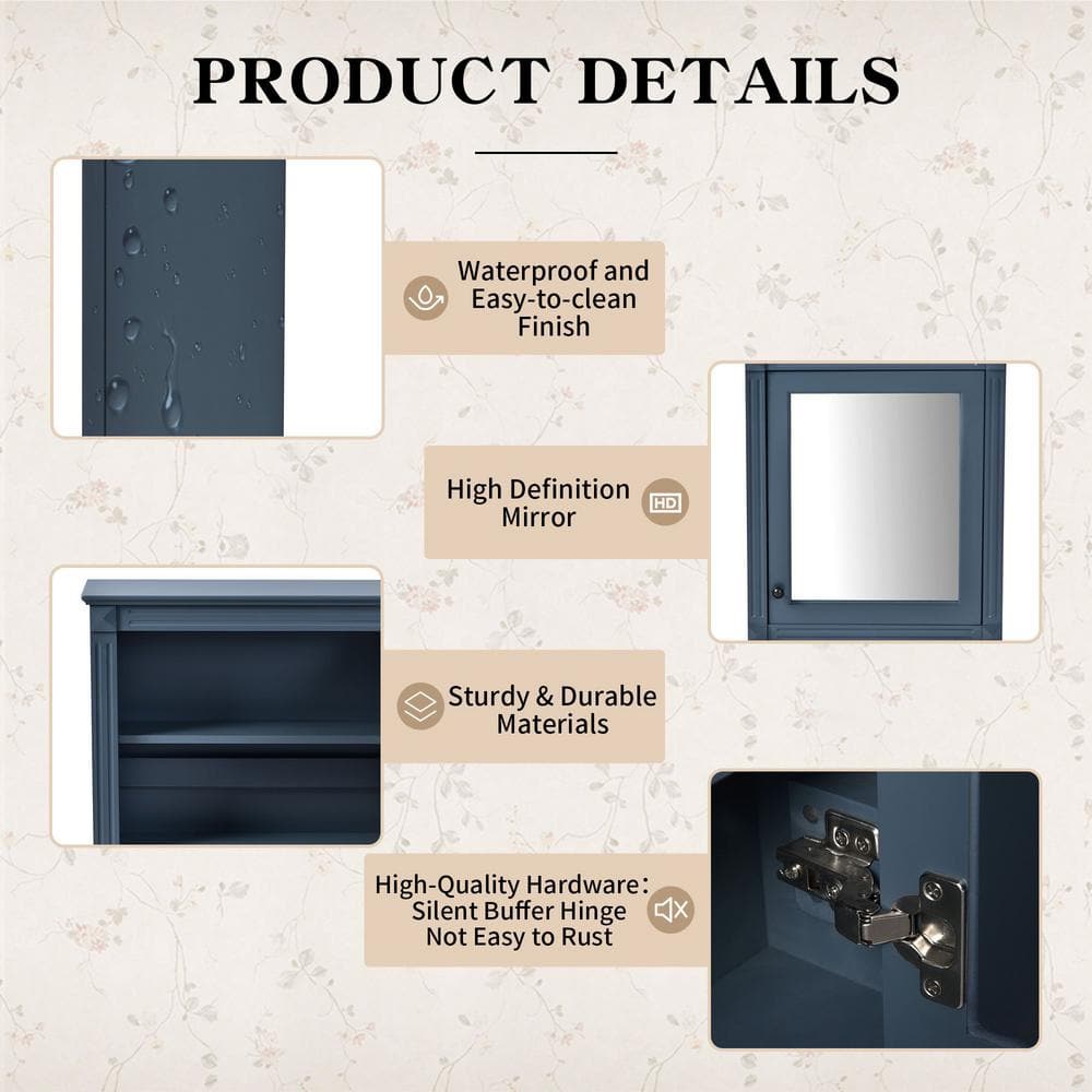 FAMYYT 24 in. W x 28 in. H Blue Rectangular Wooden Medicine Cabinet with Mirror and Adjustable Shelf