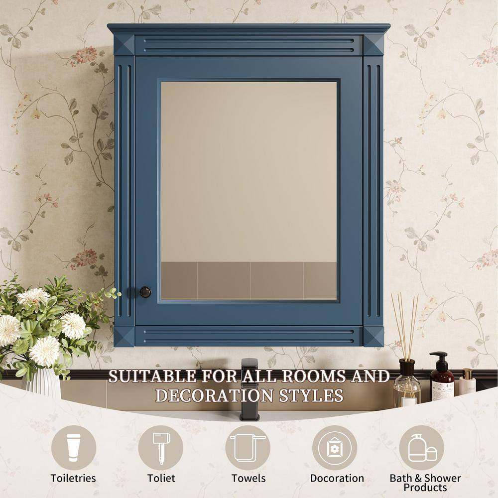 FAMYYT 24 in. W x 28 in. H Blue Rectangular Wooden Medicine Cabinet with Mirror and Adjustable Shelf