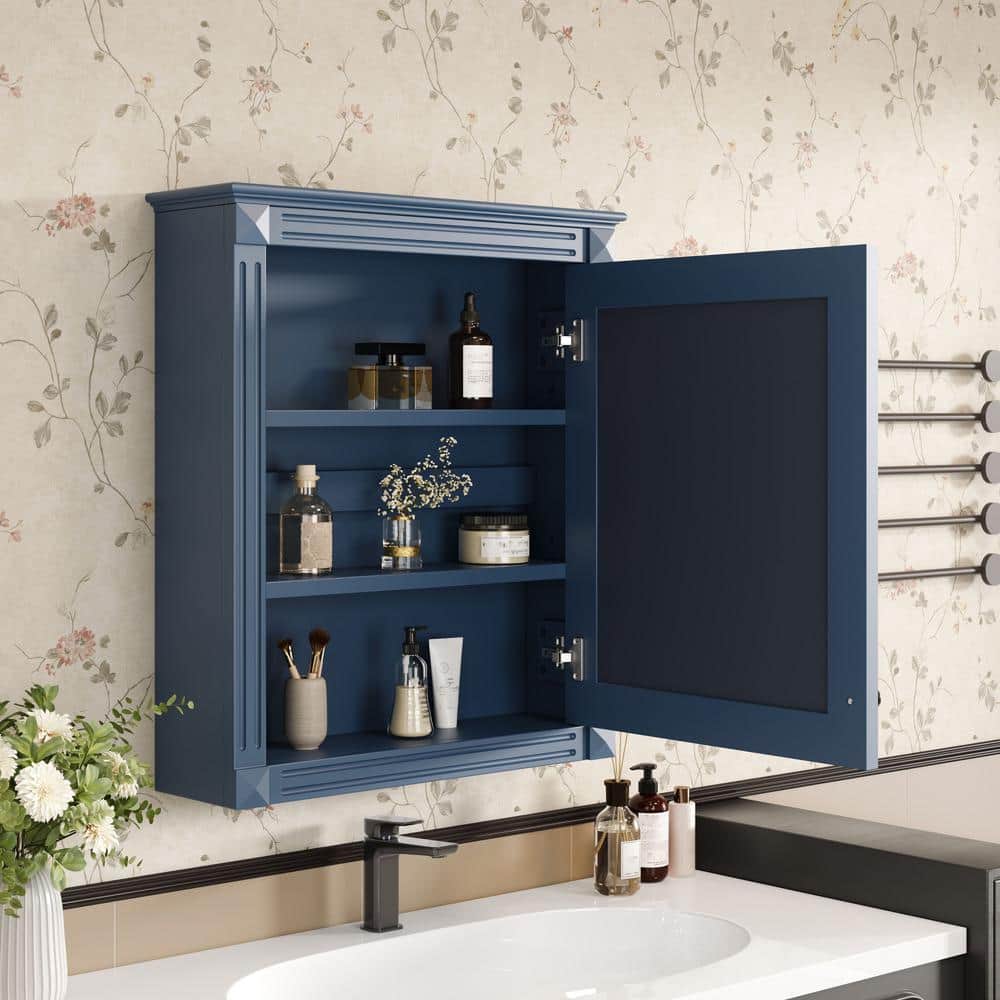 FAMYYT 24 in. W x 28 in. H Blue Rectangular Wooden Medicine Cabinet with Mirror and Adjustable Shelf