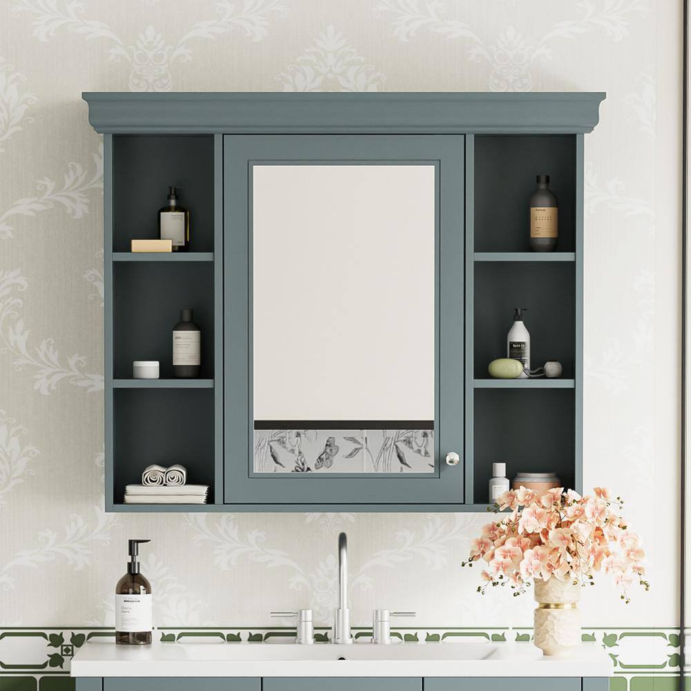 FORCLOVER 35 in. W x 28 in. H Rectangular Medicine Cabinet with Mirror and 6-Open Shelves in Blue