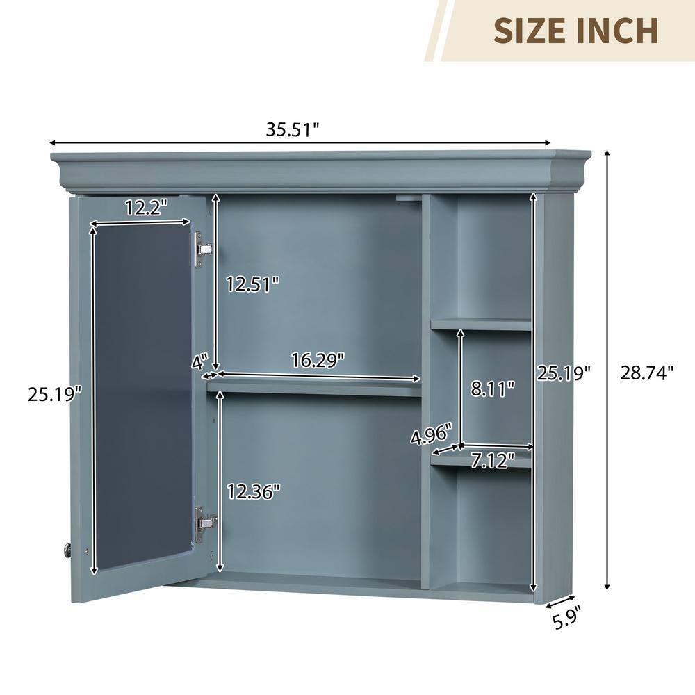 FORCLOVER 35 in. W x 28 in. H Rectangular Medicine Cabinet with Mirror and 6-Open Shelves in Blue