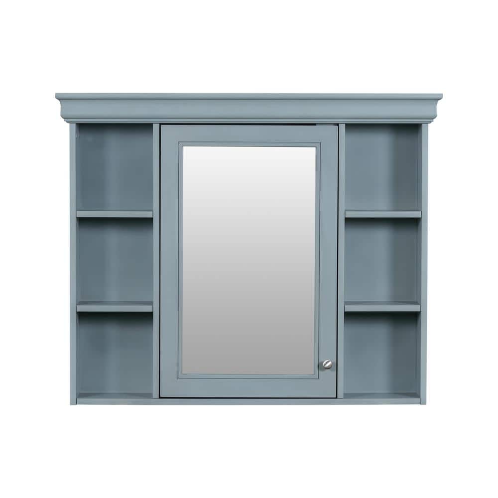 FORCLOVER 35 in. W x 28 in. H Rectangular Medicine Cabinet with Mirror and 6-Open Shelves in Blue