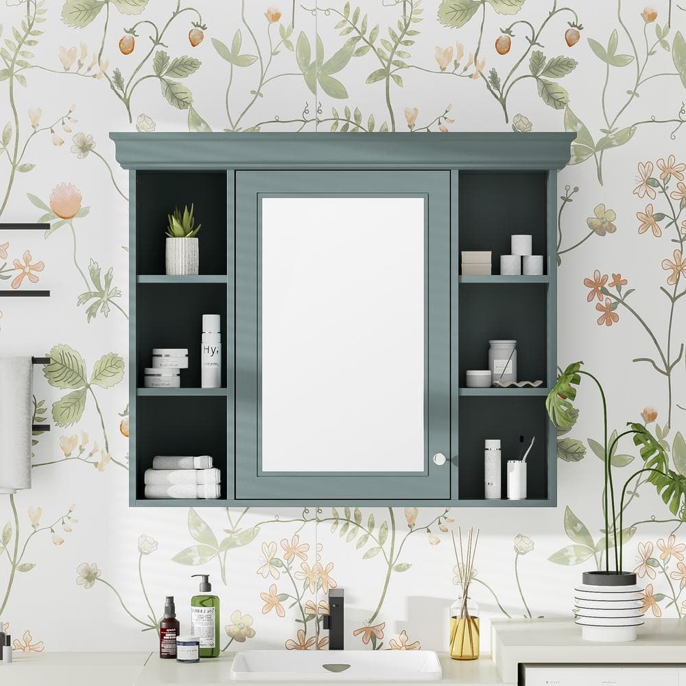 FORCLOVER 35 in. W x 28 in. H Rectangular Medicine Cabinet with Mirror and 6-Open Shelves in Blue