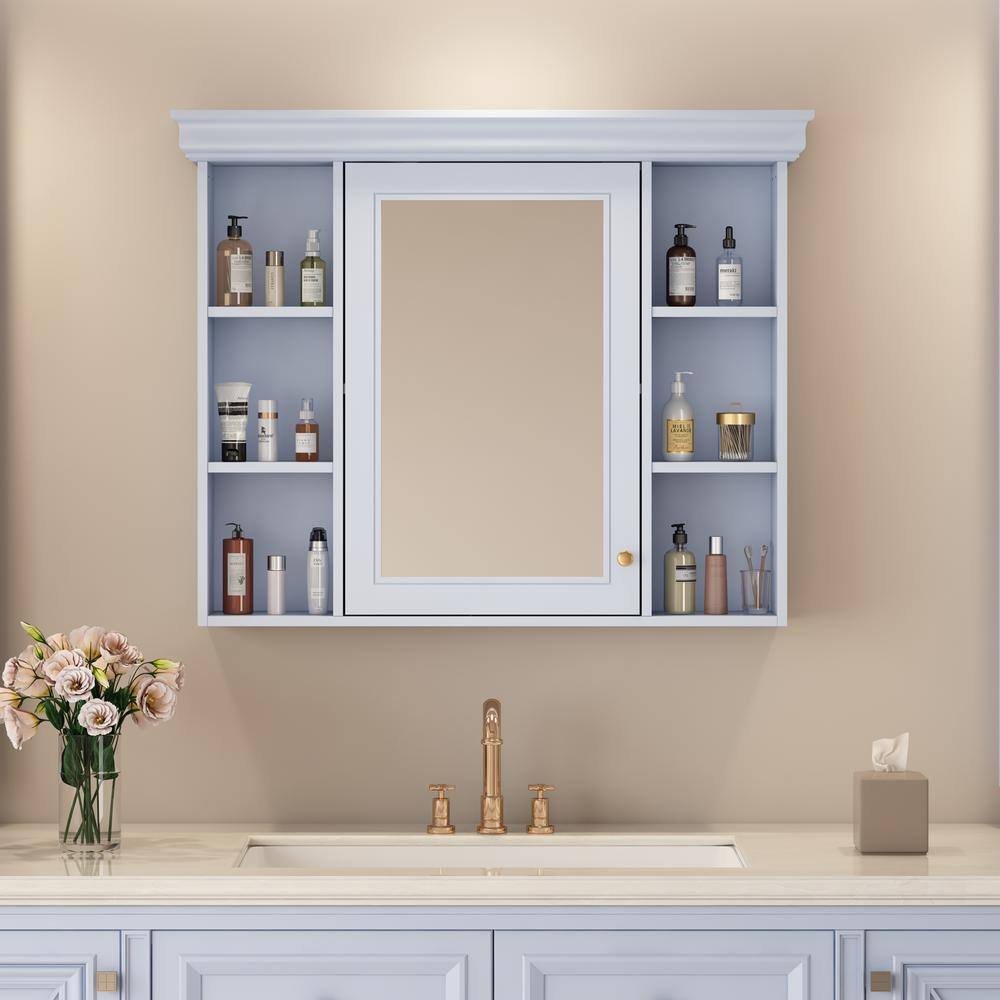FORCLOVER 35 in. W x 28 in. H Rectangular Medicine Cabinet with Mirror and 6-Open Shelves in Blue