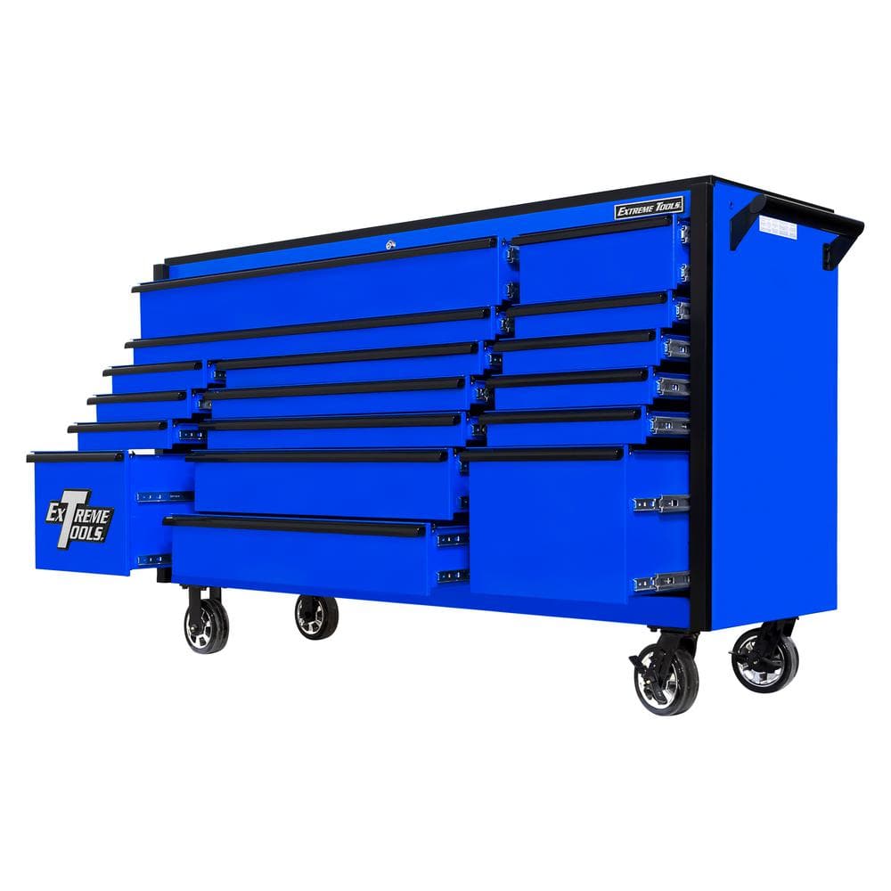 Extreme Tools DX Series 72 in. W x 21 in. D 17-Drawer Roller Cabinet Tool Chest in Blue with Mag Wheels and Black Drawer Pulls
