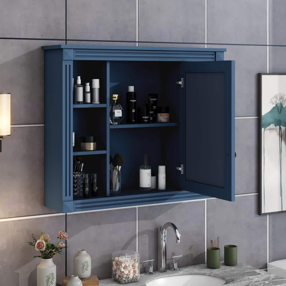 Unbranded 35 in. W x 28.7 in. H Rectangular Surface Mount Blue Bathroom Medicine Cabinet with Mirror with Open Shelves
