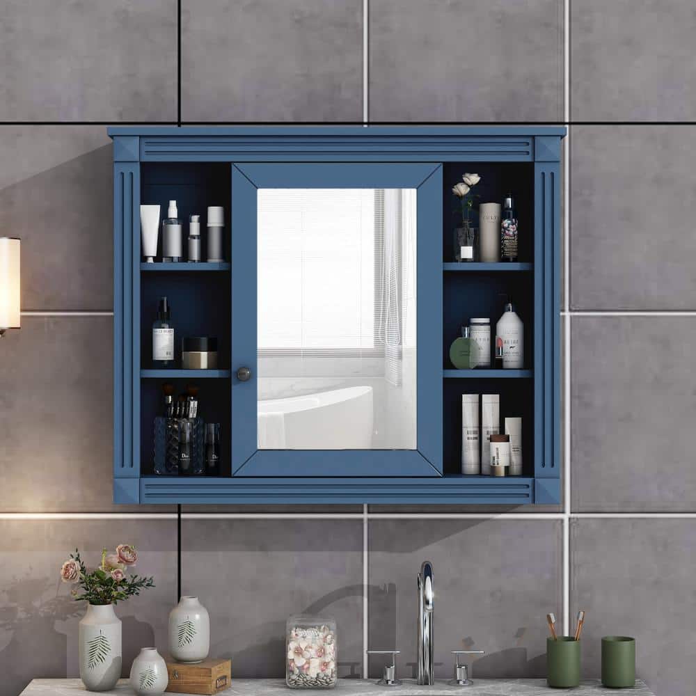 Unbranded 35 in. W x 28.7 in. H Rectangular Surface Mount Blue Bathroom Medicine Cabinet with Mirror with Open Shelves