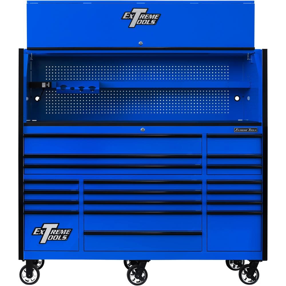 Extreme Tools RX Series Professional 72 in. W x 25 in. D Hutch and 19-Drawer Roller Cabinet Combo in Blue with Black Drawer Pulls