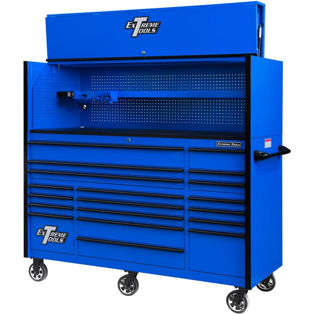 Extreme Tools RX Series Professional 72 in. W x 25 in. D Hutch and 19-Drawer Roller Cabinet Combo in Blue with Black Drawer Pulls