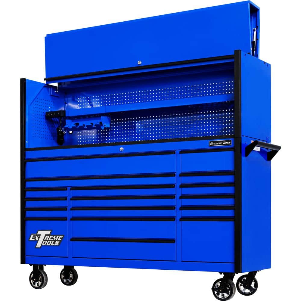Extreme Tools DX Series 72 in. Professional Hutch and 17-Drawer Roller Cabinet Combo, 100 lbs. Slides, Blue with Black Drawer Pulls