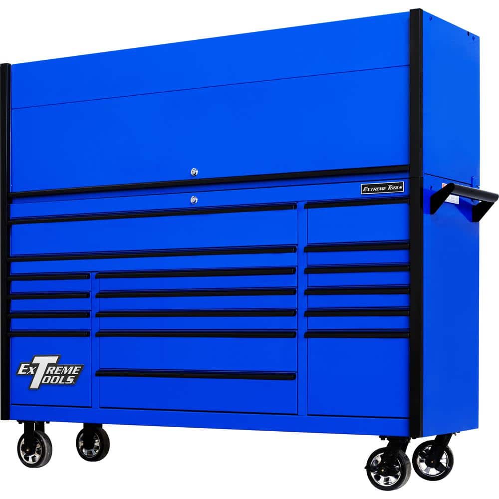 Extreme Tools DX Series 72 in. Professional Hutch and 17-Drawer Roller Cabinet Combo, 100 lbs. Slides, Blue with Black Drawer Pulls