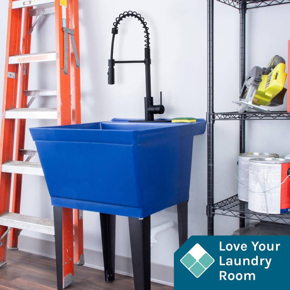 TEHILA Blue Thermoplastic Utility Sink with Matte Black Faucet