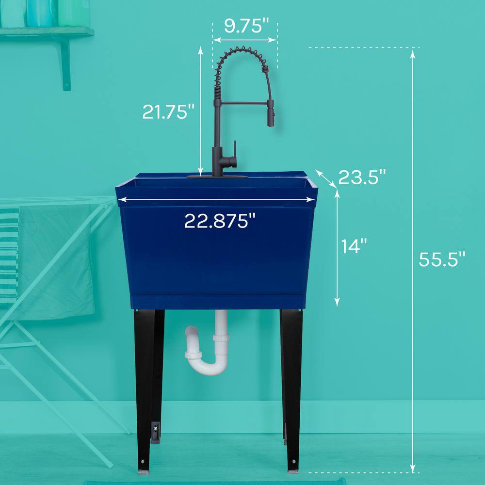 TEHILA Blue Thermoplastic Utility Sink with Matte Black Faucet
