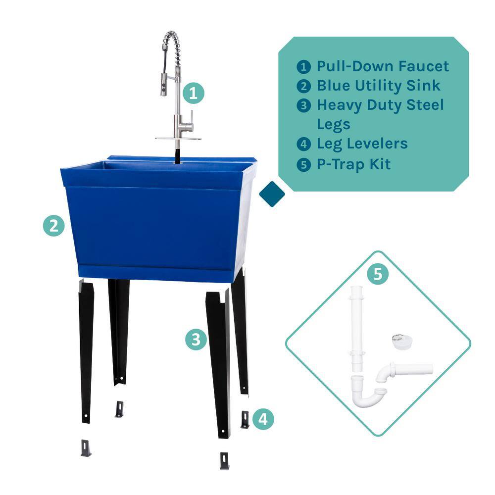 TEHILA 22.875 in. x 23.5 in. Blue Thermoplastic Utility Sink with Stainless Steel Pull-Down Faucet
