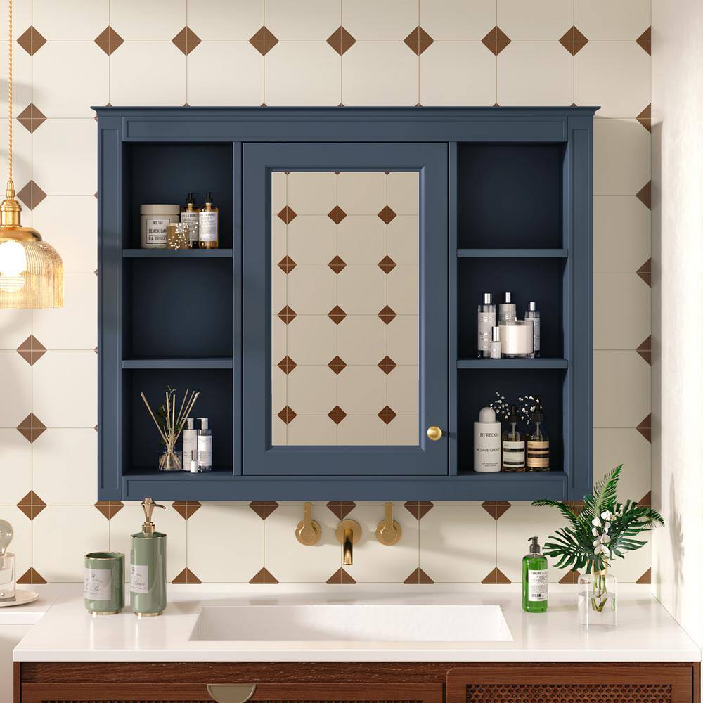 WELLFOR 35 in. W x 27.5 in. H MDF Rectangular Wall Medicine Cabinet with Mirror in Blue