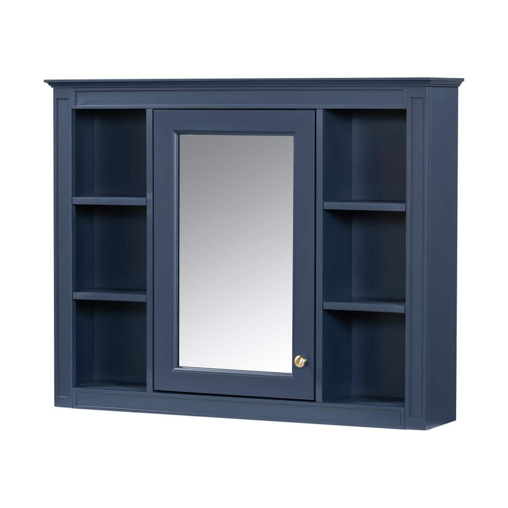WELLFOR 35 in. W x 27.5 in. H MDF Rectangular Wall Medicine Cabinet with Mirror in Blue
