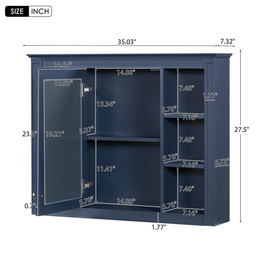 WELLFOR 35 in. W x 27.5 in. H MDF Rectangular Wall Medicine Cabinet with Mirror in Blue