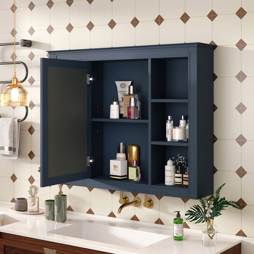 WELLFOR 35 in. W x 27.5 in. H MDF Rectangular Wall Medicine Cabinet with Mirror in Blue