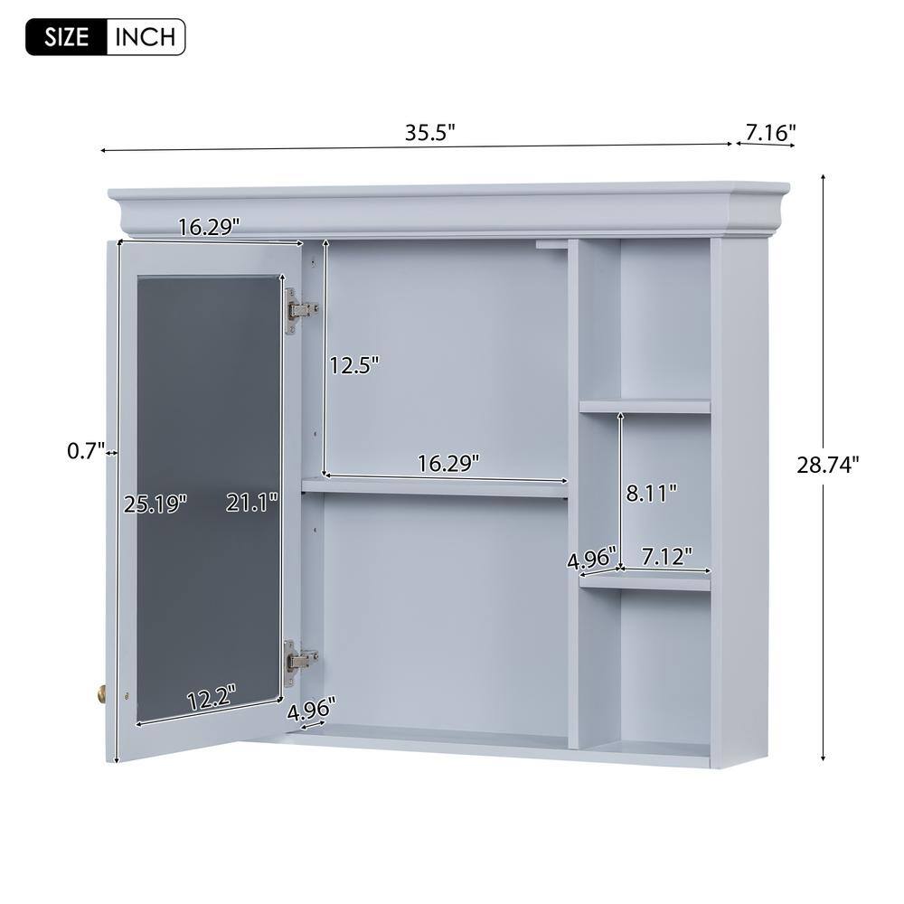 Zeus & Ruta 35 in. W x 28 in. H Rectangular Wood Medicine Cabinet with Mirror and 6 Open Shelves in Blue