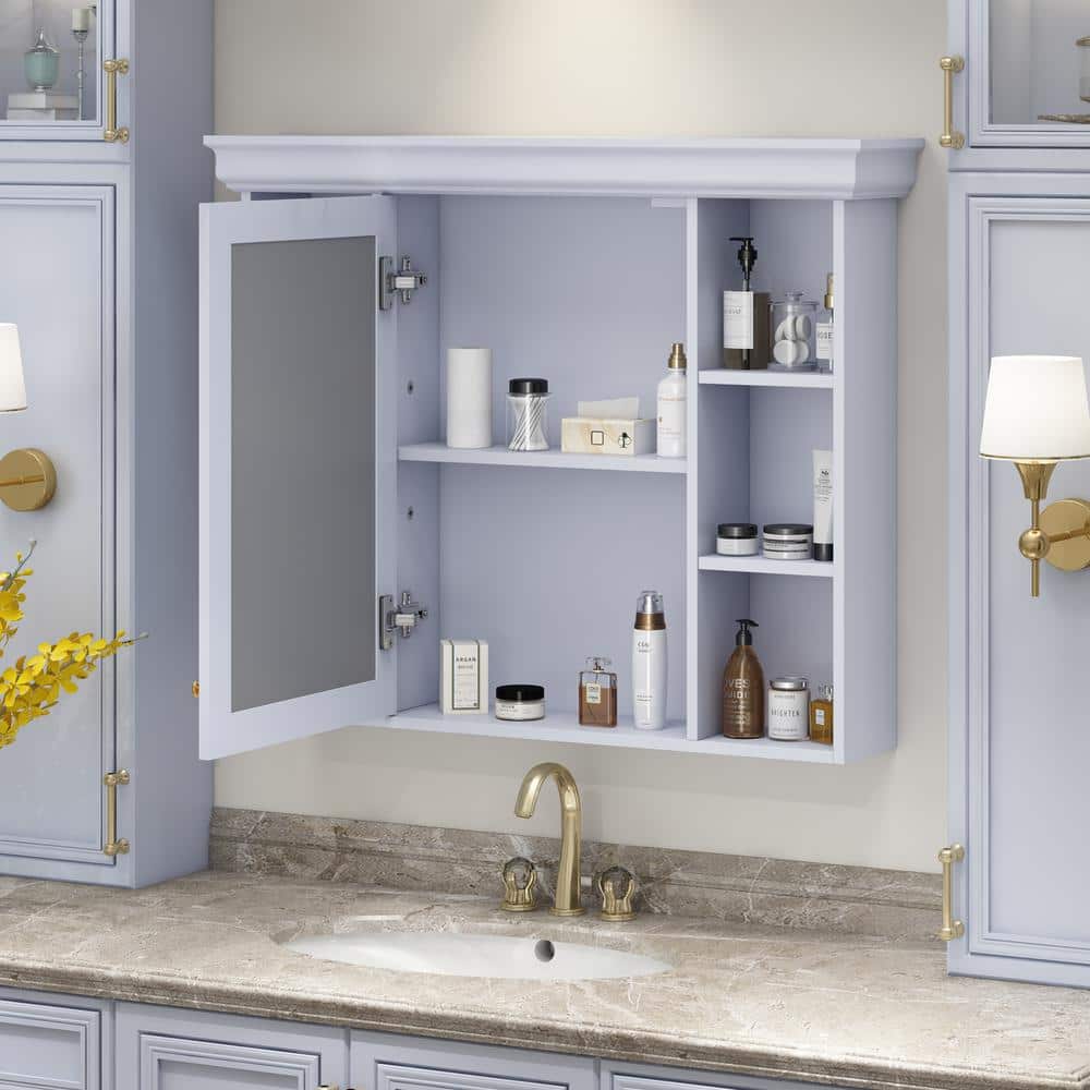 Zeus & Ruta 35 in. W x 28 in. H Rectangular Wood Medicine Cabinet with Mirror and 6 Open Shelves in Blue