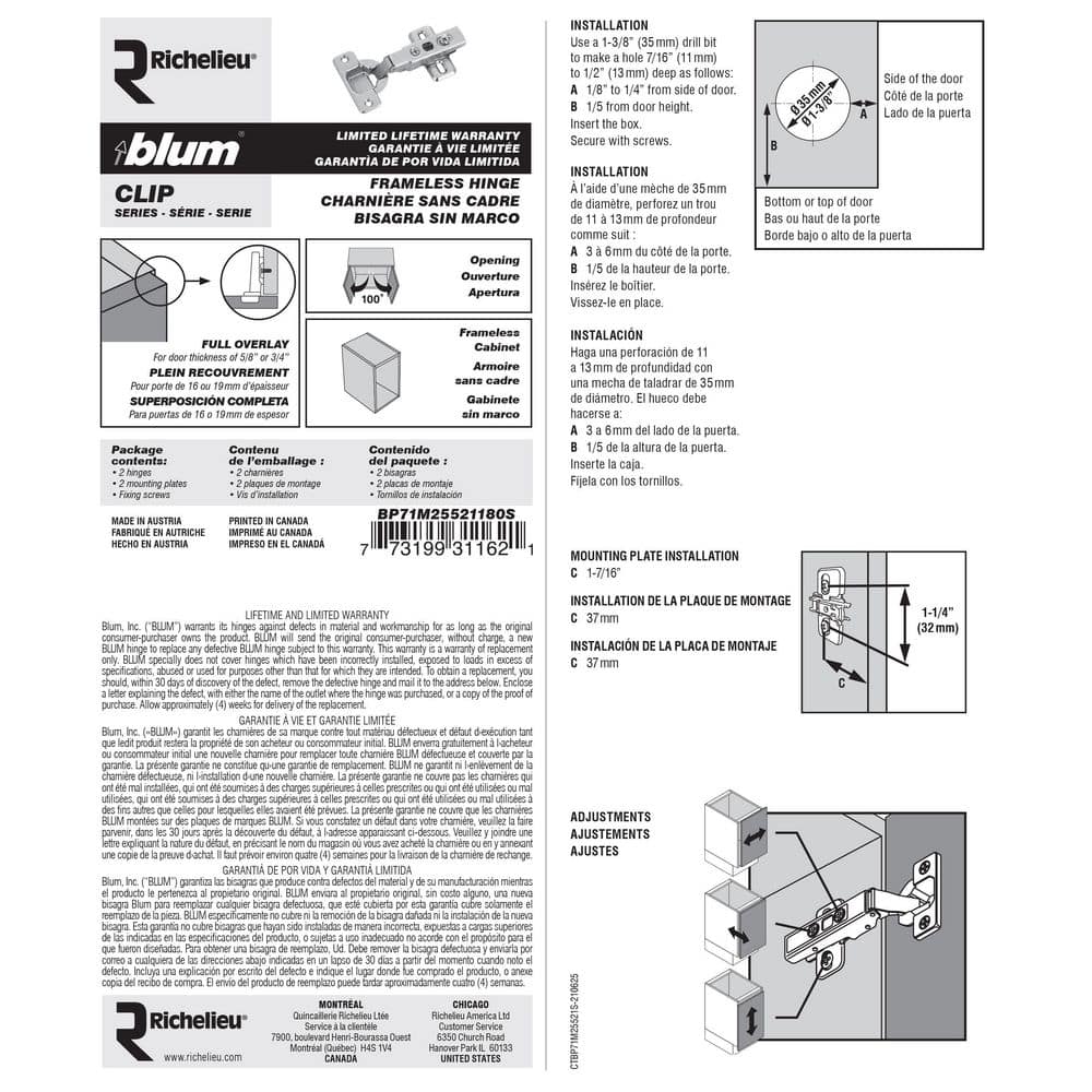 Blum Full Overlay Frameless Cabinet Clip Hinge (2-Pack)