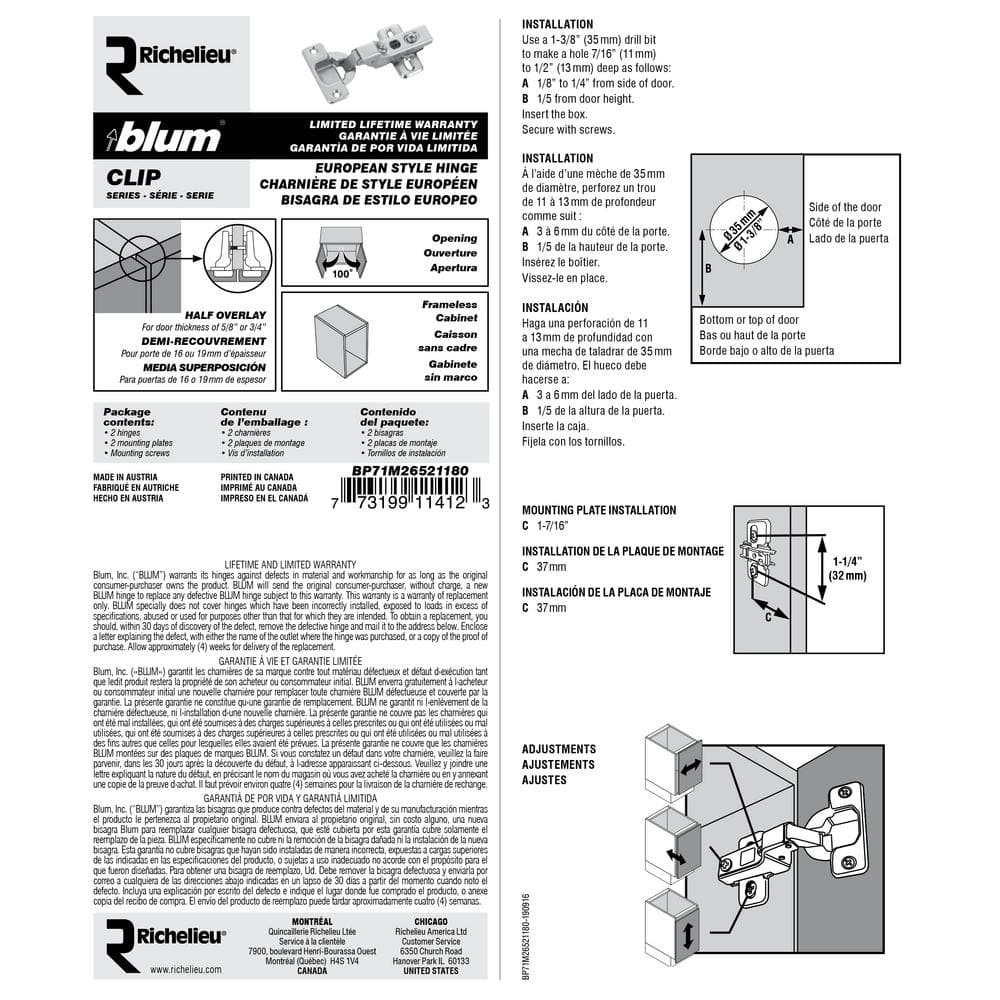Richelieu Clip Half Overlay Frameless Cabinet Hinge, 35 mm, Spring-Closing (2-Pack)