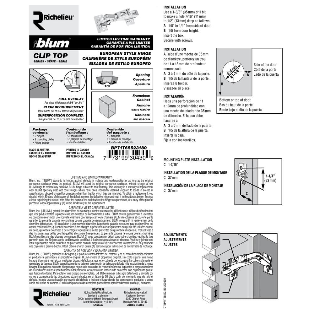 Blum CLIP Top Full Overlay Frameless Cabinet Bi-Fold Hinges, 35 mm, Spring-Closing (2-Pack)