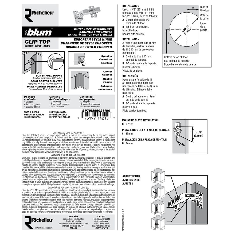 Blum Clip Top Bi-Fold Corner Hinge for Frameless Cabinets, 35 mm, Spring-Closing (2-Pack)