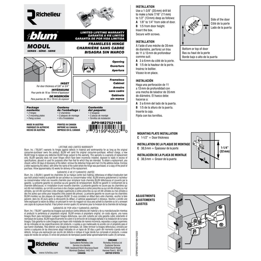 Richelieu Blum Modul Full Inset Frameless Cabinet Hinges, 35 mm, Nickel (2-Pack)