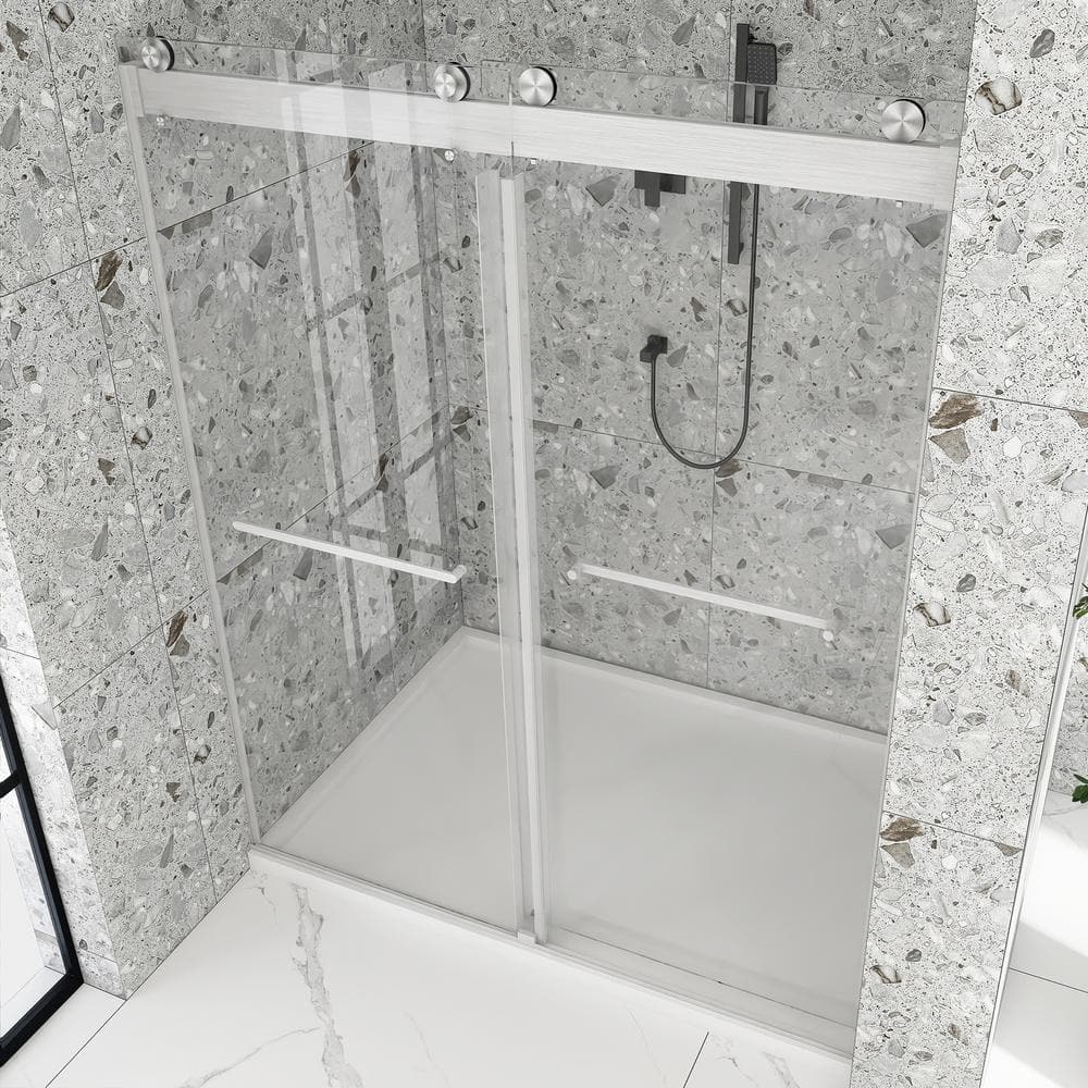 Boosicavelly 60 in. W x 76 in. H Double Sliding Frameless Shower Door in Brushed Nickel with Buffer