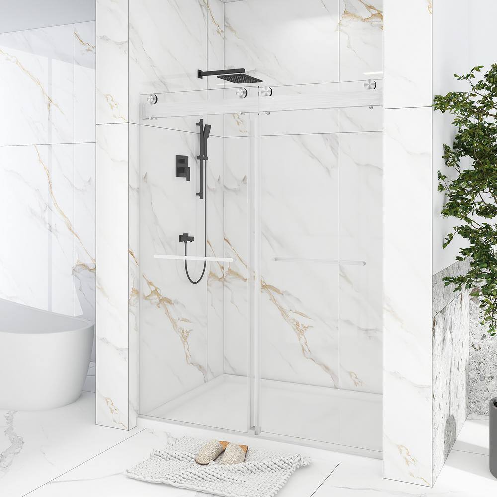 Boosicavelly 60 in. W x 76 in. H Double Sliding Frameless Shower Door in Brushed Nickel with Buffer