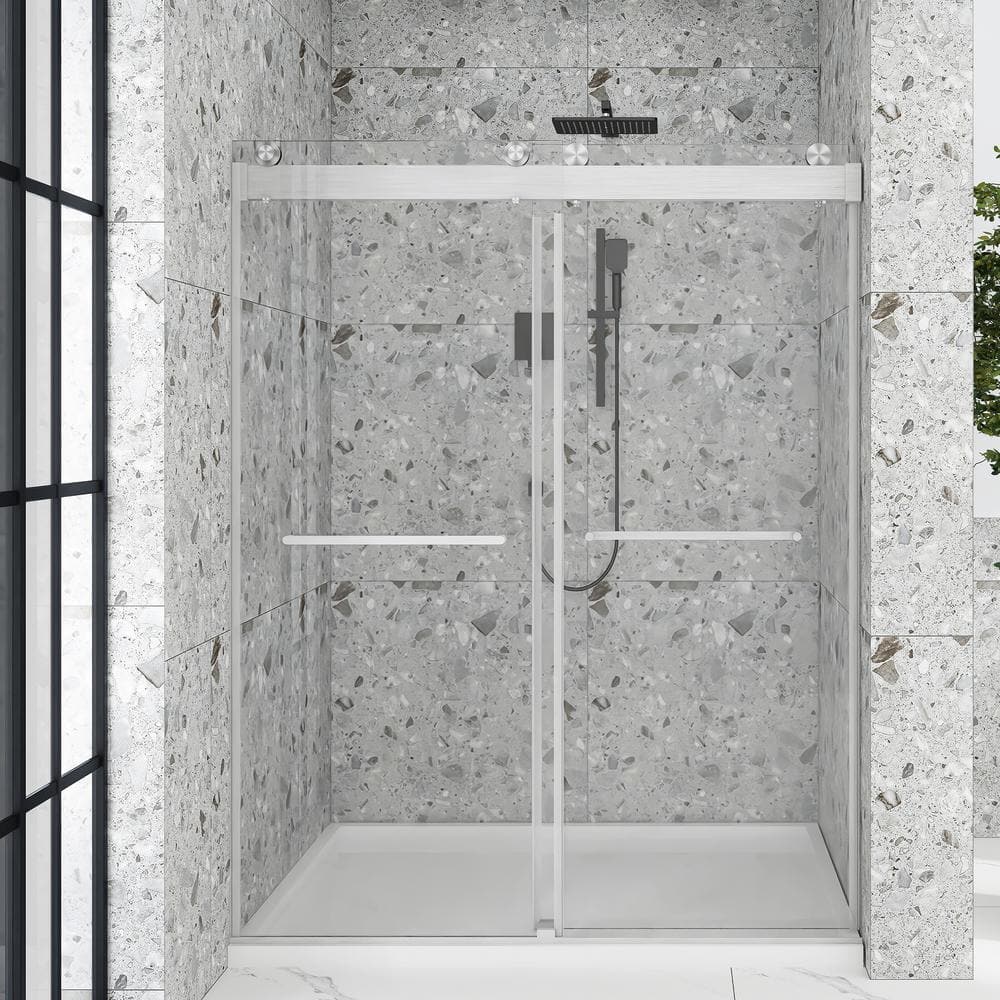 Boosicavelly 60 in. W x 76 in. H Double Sliding Frameless Shower Door in Brushed Nickel with Buffer