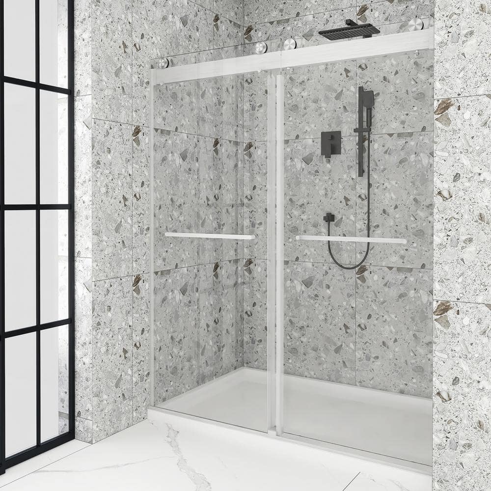 Boosicavelly 60 in. W x 76 in. H Double Sliding Frameless Shower Door in Brushed Nickel with Buffer