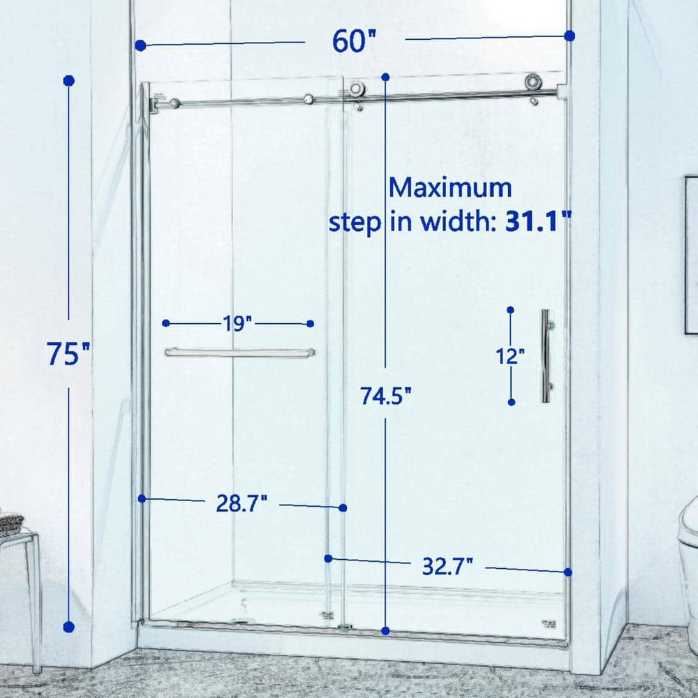 Boosicavelly Single Sliding Semi-Frameless Shower Door in Chrome Finish with Tempered Glass 60 in. W x 75 in. H