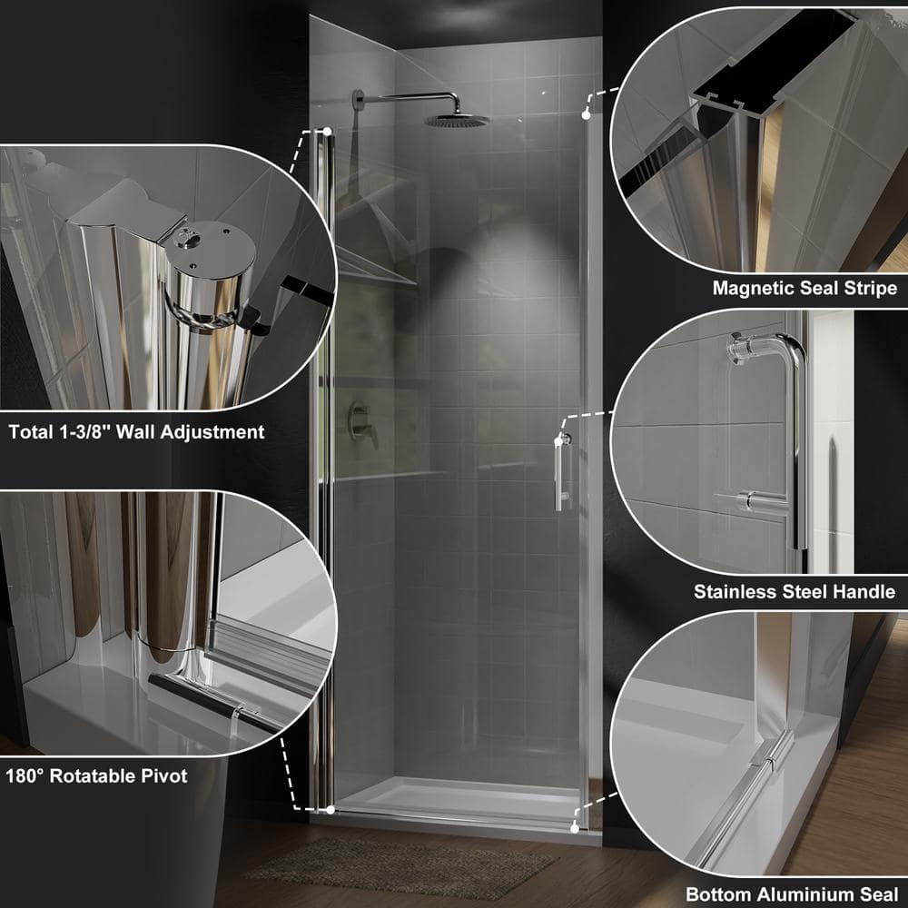 Boosicavelly 34 In. W x 72 In. H Pivot Semi-Frameless Pivot Shower Door in Chrome with Clear Glass