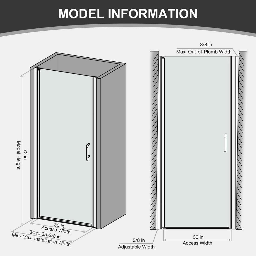 Boosicavelly 34 In. W x 72 In. H Pivot Semi-Frameless Pivot Shower Door in Chrome with Clear Glass