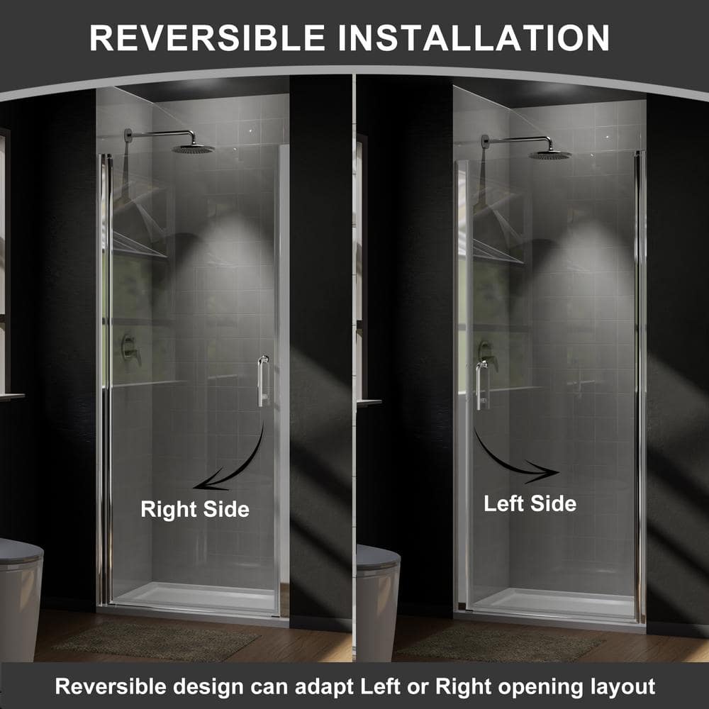 Boosicavelly 34 In. W x 72 In. H Pivot Semi-Frameless Pivot Shower Door in Chrome with Clear Glass