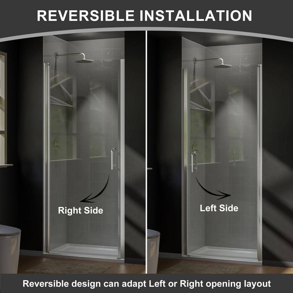 Boosicavelly 36 in. W x 72 in. H Pivot Semi-Frameless Shower Door in Brushed Finish with Clear Glass