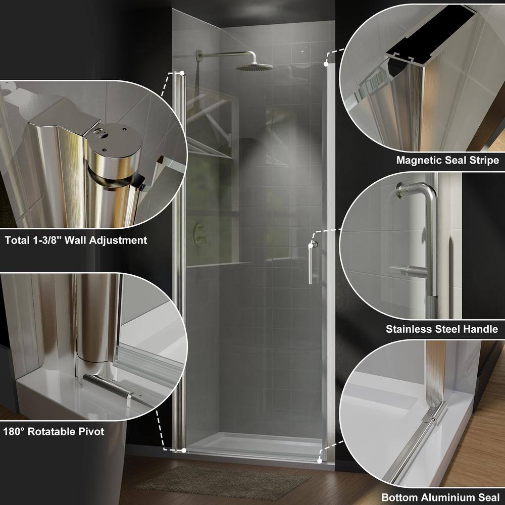 Boosicavelly 36 in. W x 72 in. H Pivot Semi-Frameless Shower Door in Brushed Finish with Clear Glass