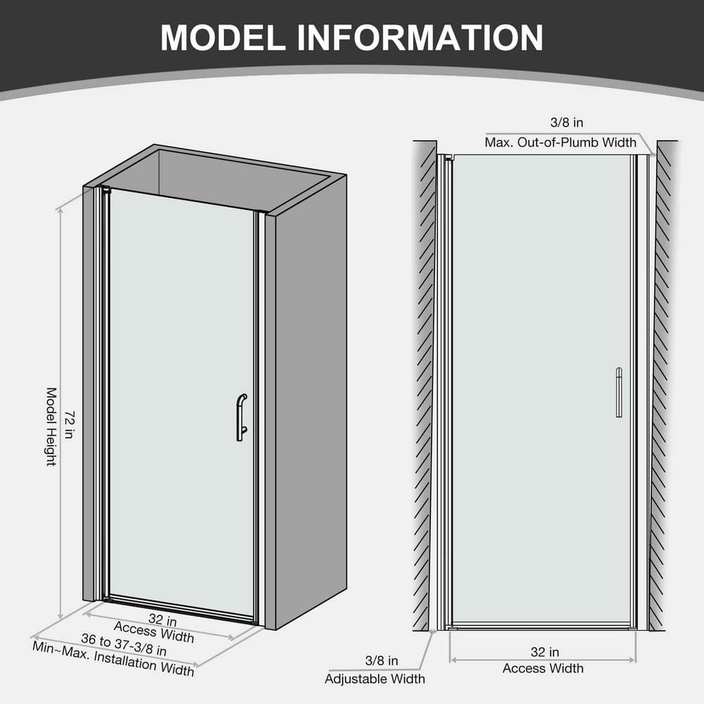 Boosicavelly 36 in. W x 72 in. H Pivot Semi-Frameless Shower Door in Brushed Finish with Clear Glass