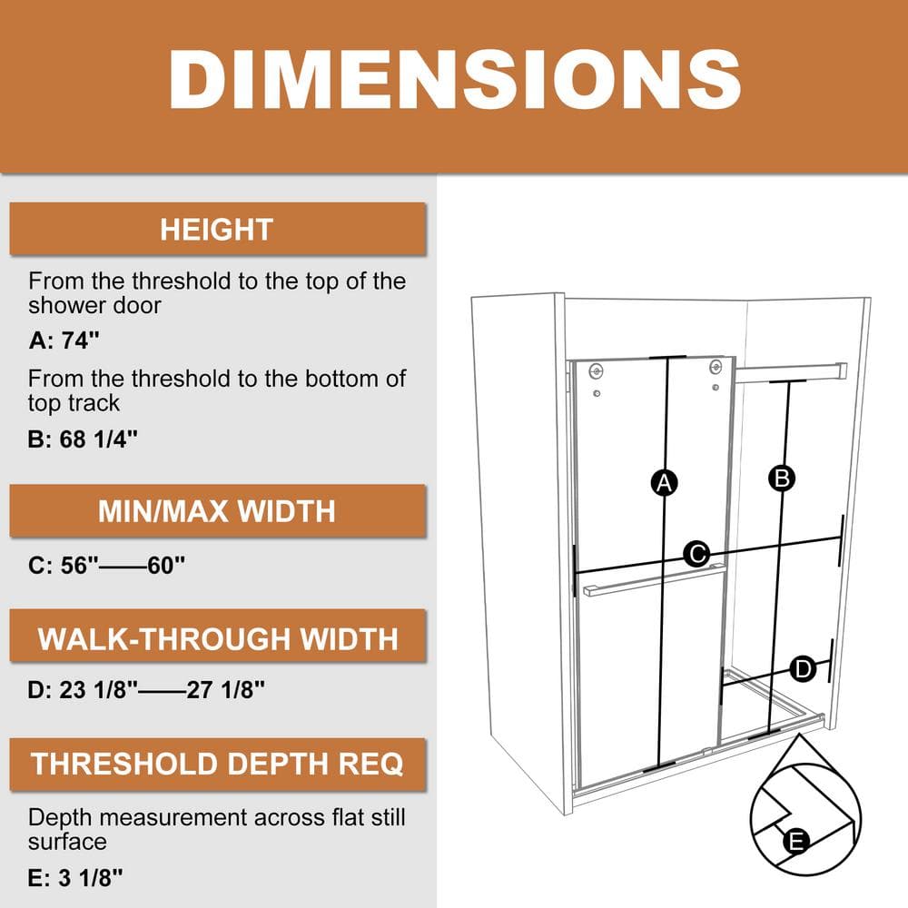Boosicavelly 60 in. W x 74 in. H Sliding Semi-Frameless Shower Door in Matte Black Finish with Tempered Glass