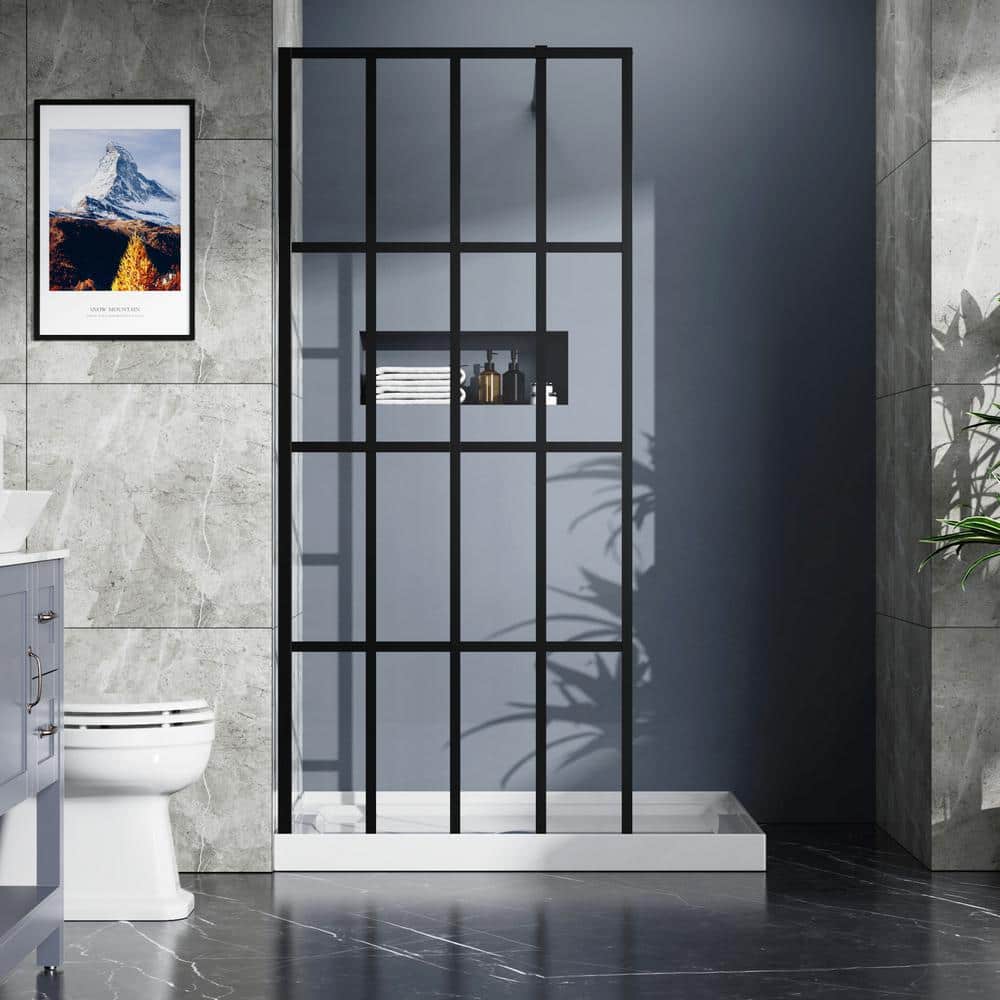 Boosicavelly Fixed Framed Shower Door in Black Finish with Tempered Glass 34 in. W x 72 in. H