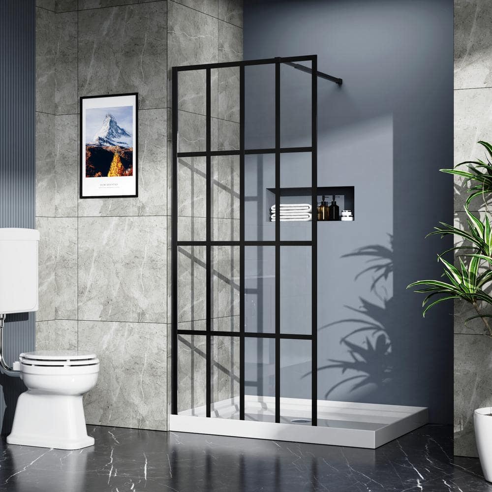 Boosicavelly Fixed Framed Shower Door in Black Finish with Tempered Glass 34 in. W x 72 in. H