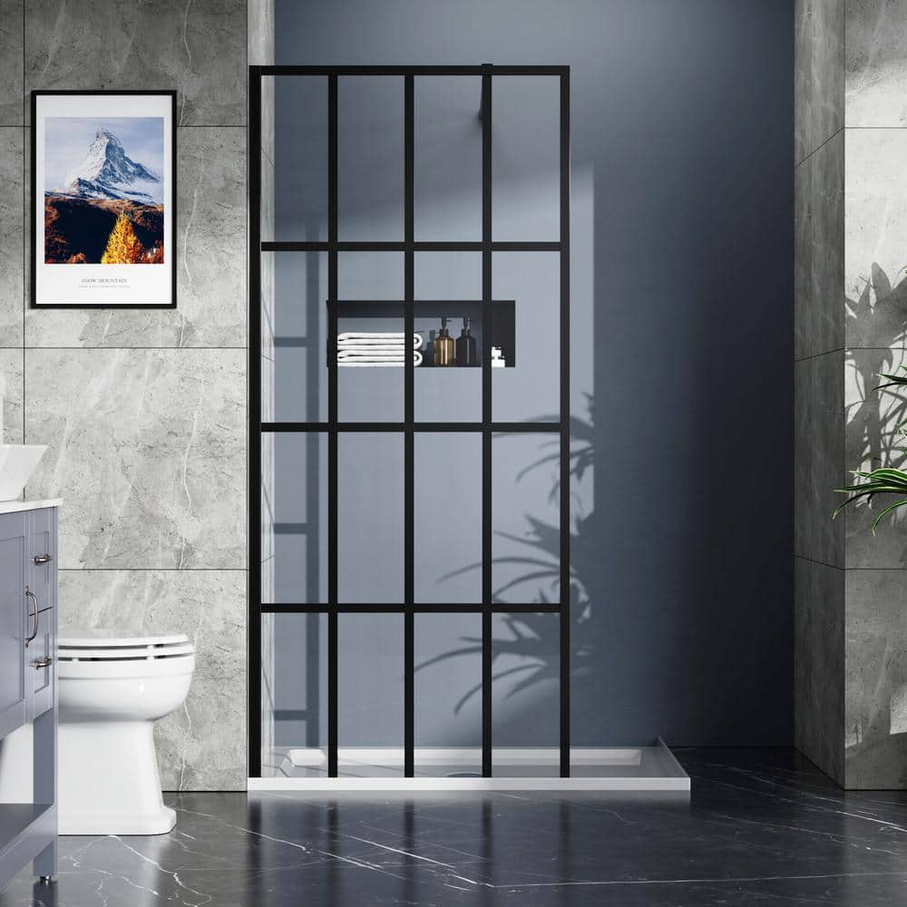 Boosicavelly Fixed Framed Shower Door in Black Finish with Tempered Glass 34 in. W x 72 in. H