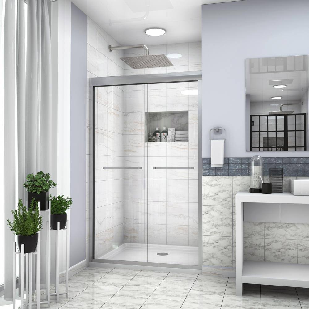 Boosicavelly 50 in. W x 76 in. H Double Sliding Semi-Frameless Shower Door in Brushed Nickel Finish with Glass