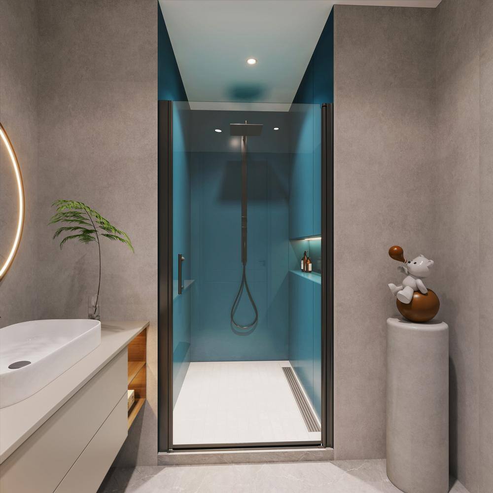 Boosicavelly 28 in. W x 72 in. H Pivot Semi-Frameless Shower Door in Matte Black Finish with Tempered Glass