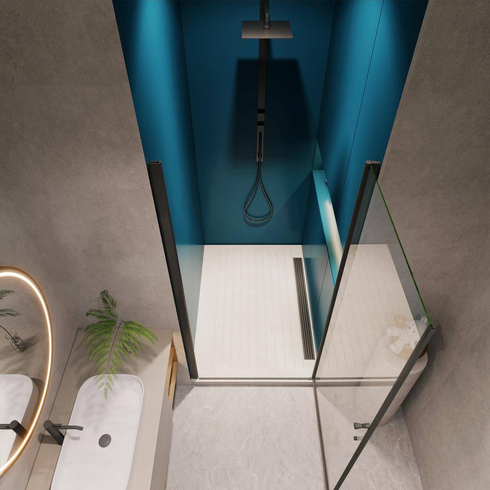 Boosicavelly 28 in. W x 72 in. H Pivot Semi-Frameless Shower Door in Matte Black Finish with Tempered Glass