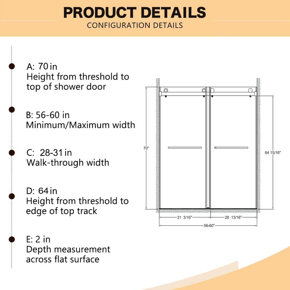 Boosicavelly Double Sliding Frameless Shower Door in Matte Black Finish with Clear Glass 60 in. W x 70 in. H